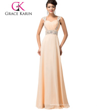 Grace Karin Lager Ärmellos Chiffon Pfirsich Puff Perlen Lange Abendkleid CL4446-1